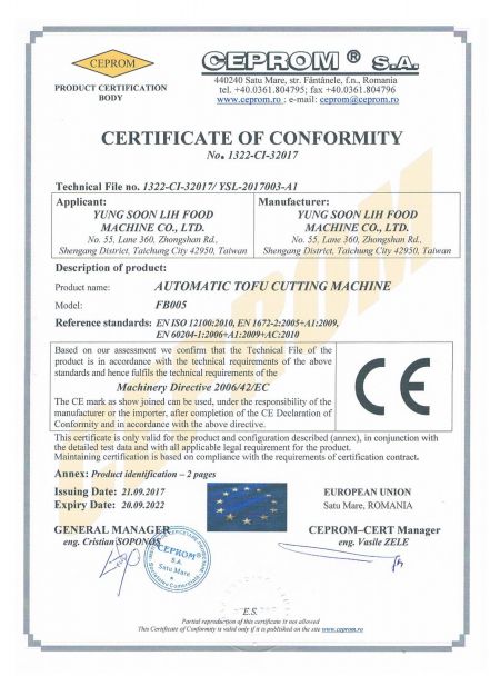 AUTOMATIC TOFU CUTTING MACHINE CE certificate
